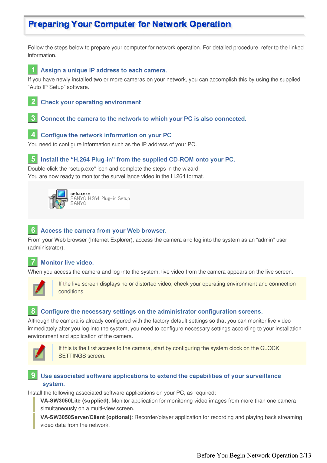 Sanyo VDC-HD3100/HD3100P specifications Before You Begin Network Operation 2/13, Assign a unique IP address to each camera 