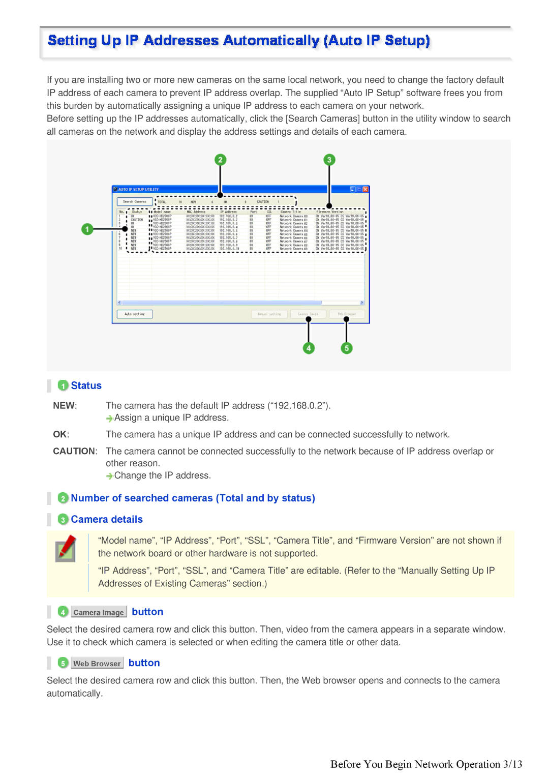 Sanyo VDC-HD3300/HD300P, VDC-HD3100/HD3100P specifications Before You Begin Network Operation 3/13, Status 