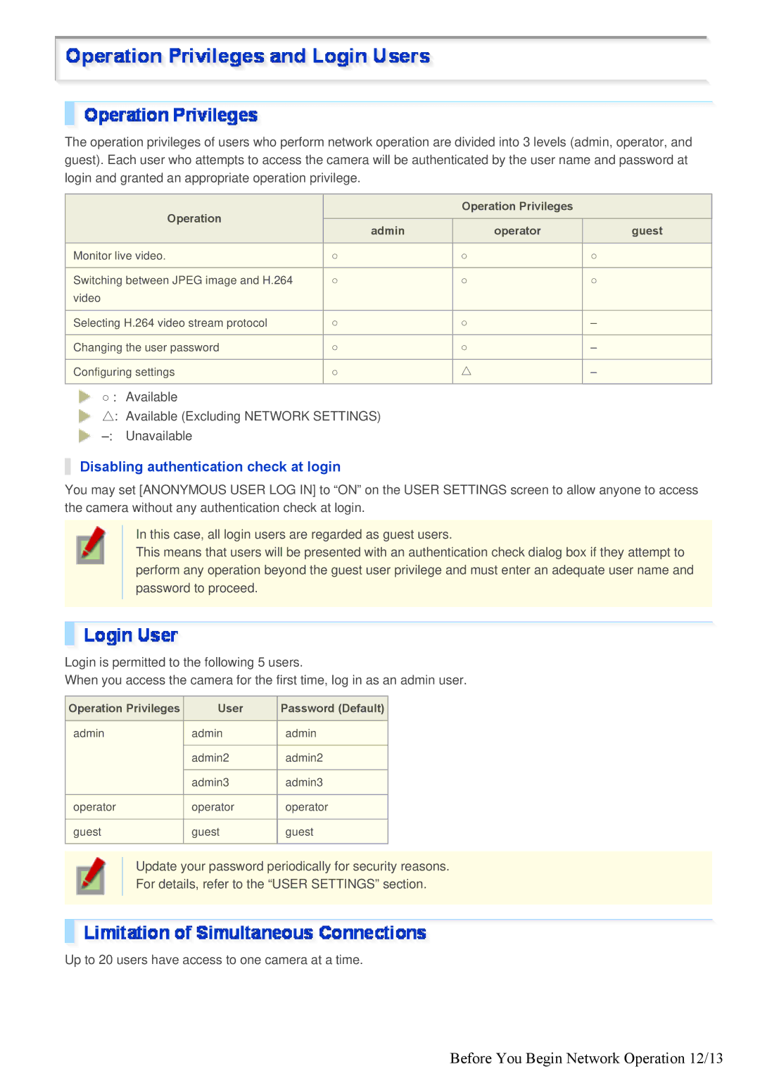 Sanyo VDC-HD3100/HD3100P specifications Before You Begin Network Operation 12/13, Disabling authentication check at login 