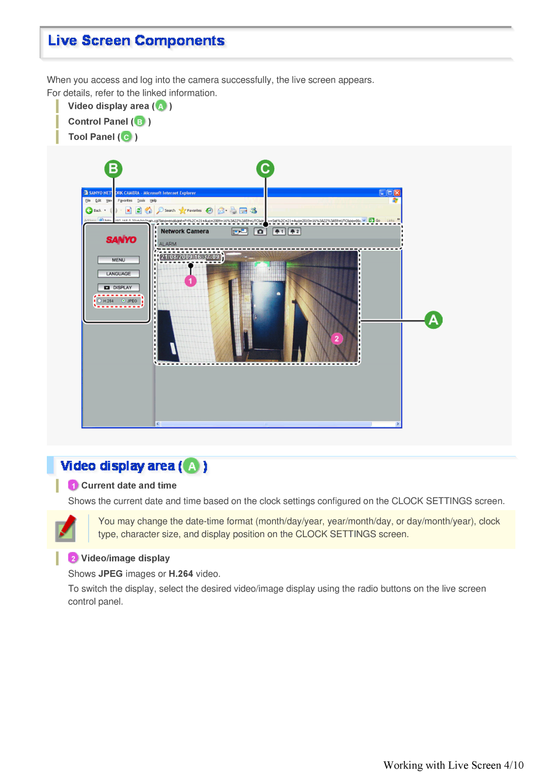 Sanyo VDC-HD3300/HD300P, VDC-HD3100/HD3100P specifications Working with Live Screen 4/10 