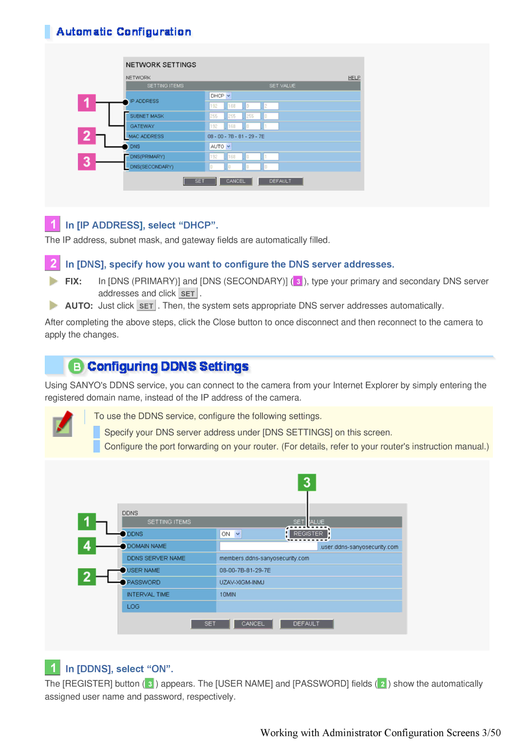 Sanyo VDC-HD3100/HD3100P Working with Administrator Configuration Screens 3/50, IP ADDRESS, select Dhcp, DDNS, select on 