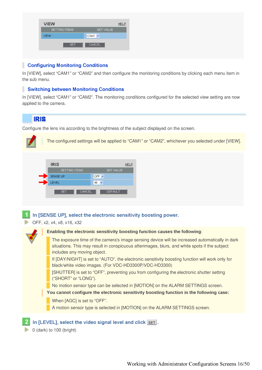 Sanyo VDC-HD3300/HD300P Working with Administrator Configuration Screens 16/50, Configuring Monitoring Conditions 