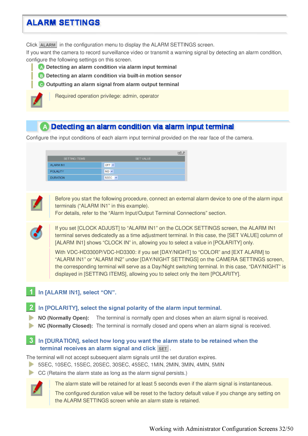 Sanyo VDC-HD3300/HD300P, VDC-HD3100/HD3100P specifications Working with Administrator Configuration Screens 32/50 