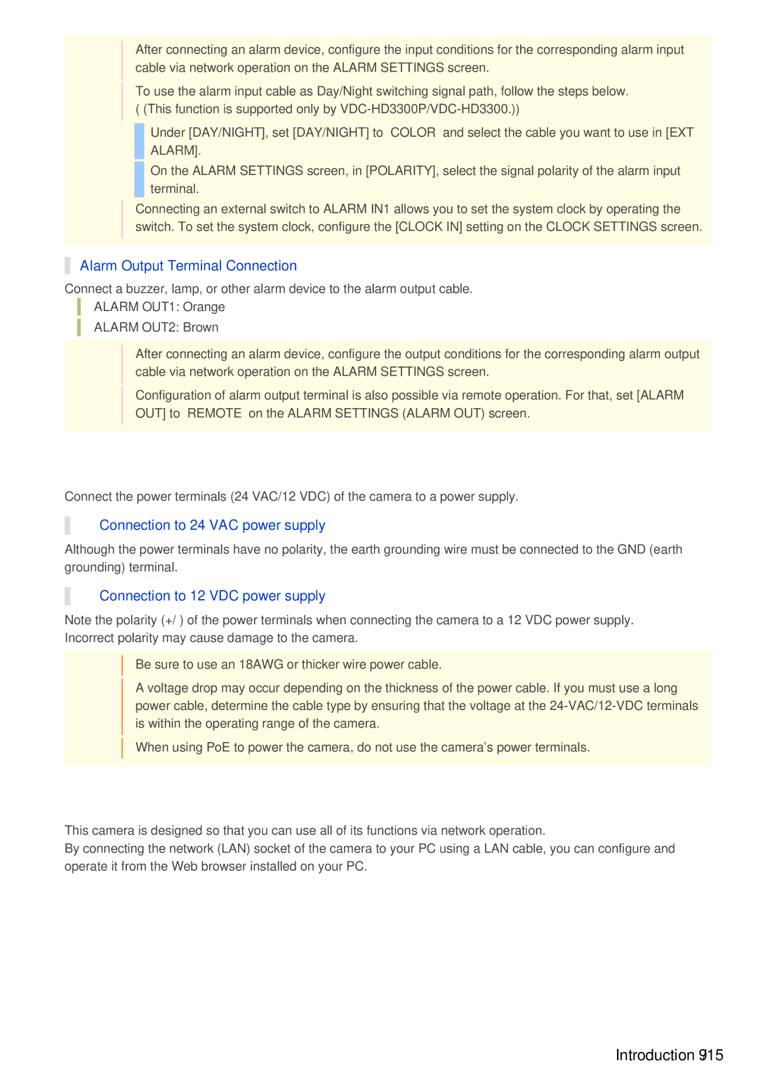 Sanyo VDC-HD3100/HD3100P Introduction 9/15, Alarm Output Terminal Connection, Connection to 24 VAC power supply 