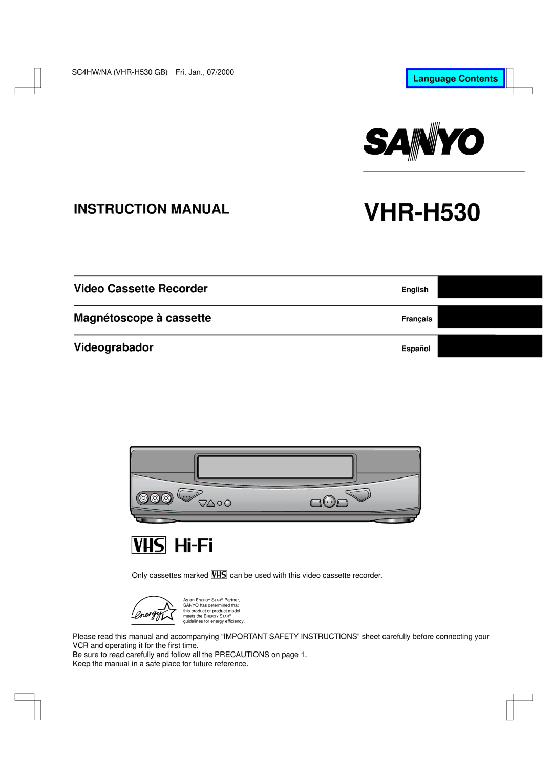 Sanyo VHR-H530 instruction manual English, Français, Español 