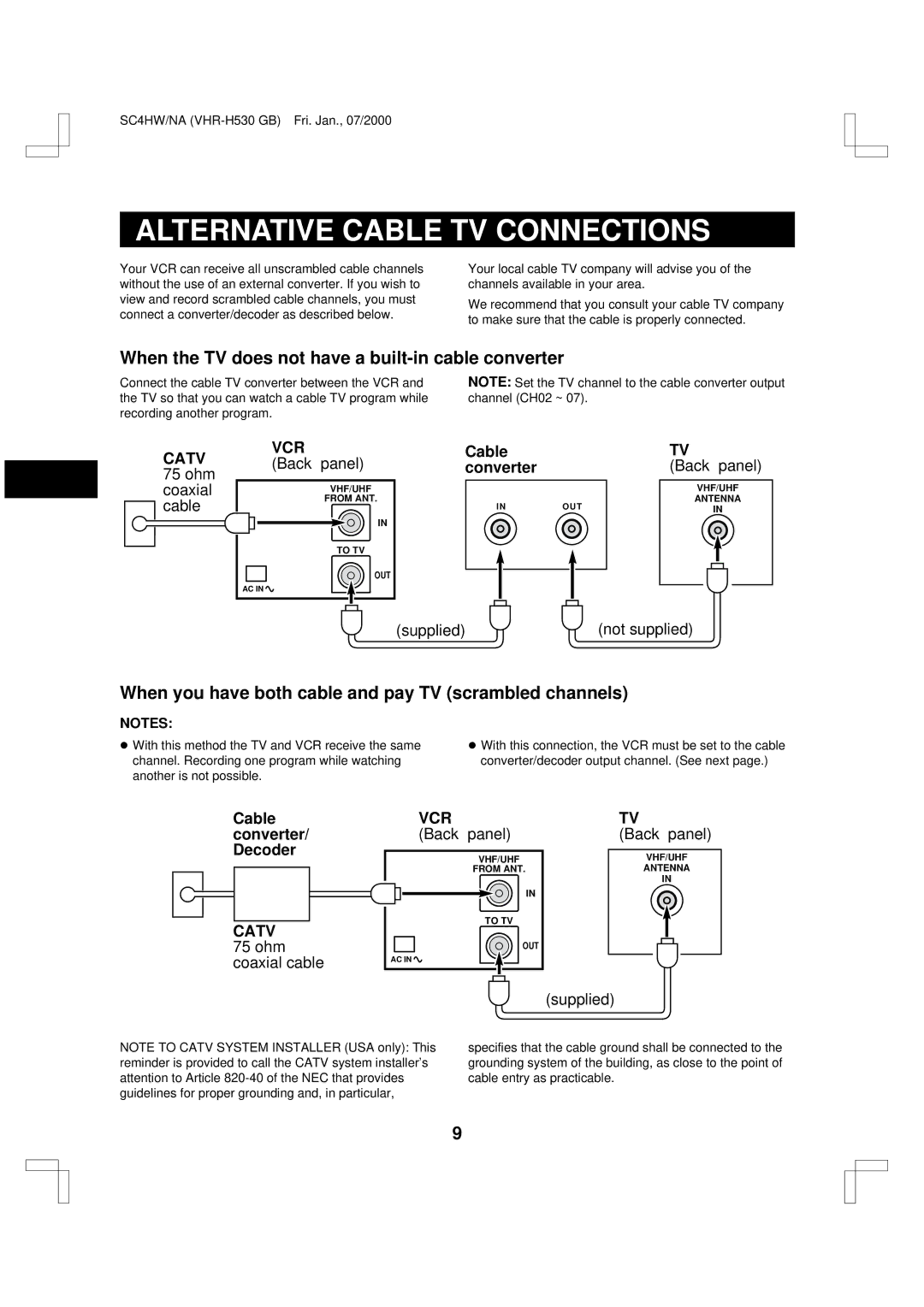 Sanyo VHR-H530 instruction manual Alternative Cable TV Connections, When the TV does not have a built-in cable converter 