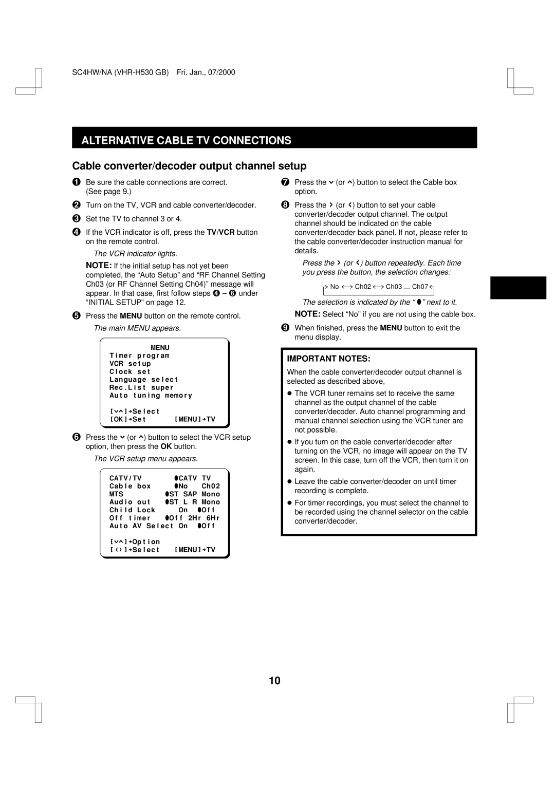 Sanyo VHR-H530 Alternative Cable TV Connections, Cable converter/decoder output channel setup, Important Notes 