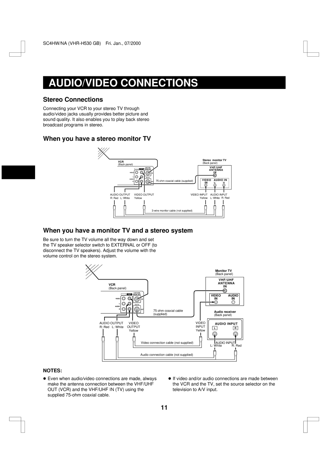 Sanyo VHR-H530 instruction manual AUDIO/VIDEO Connections, Stereo Connections, When you have a stereo monitor TV 