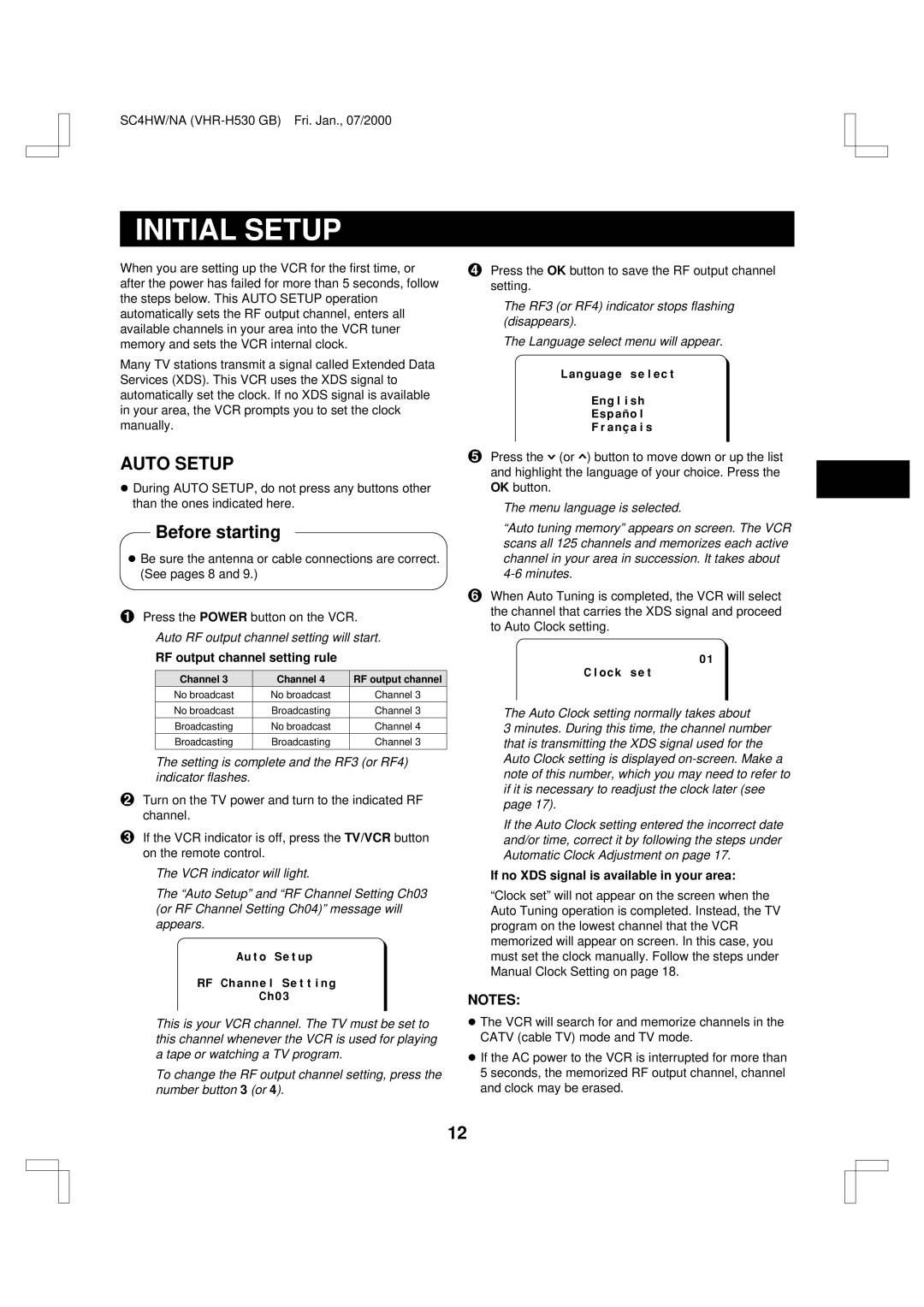 Sanyo VHR-H530 Initial Setup, Before starting, RF output channel setting rule, If no XDS signal is available in your area 