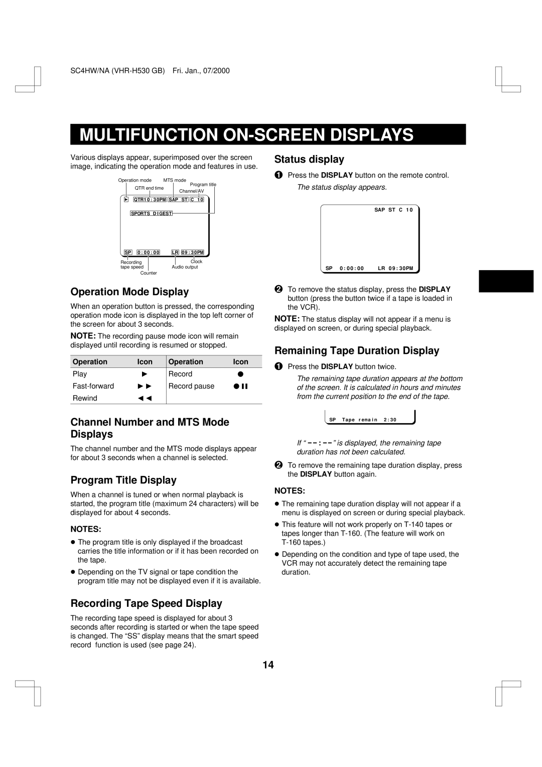 Sanyo VHR-H530 instruction manual Multifunction ON-SCREEN Displays 