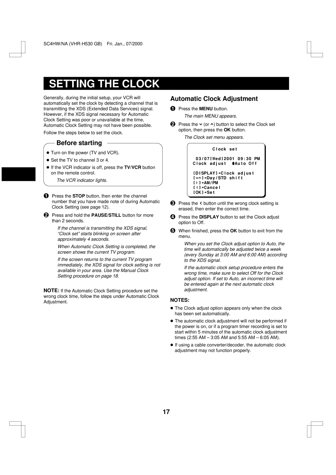 Sanyo VHR-H530 instruction manual Setting the Clock, Automatic Clock Adjustment, Clock set menu appears 