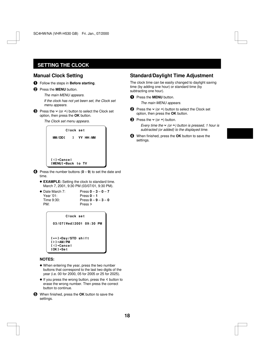 Sanyo VHR-H530 instruction manual Setting the Clock, Manual Clock Setting, Standard/Daylight Time Adjustment 