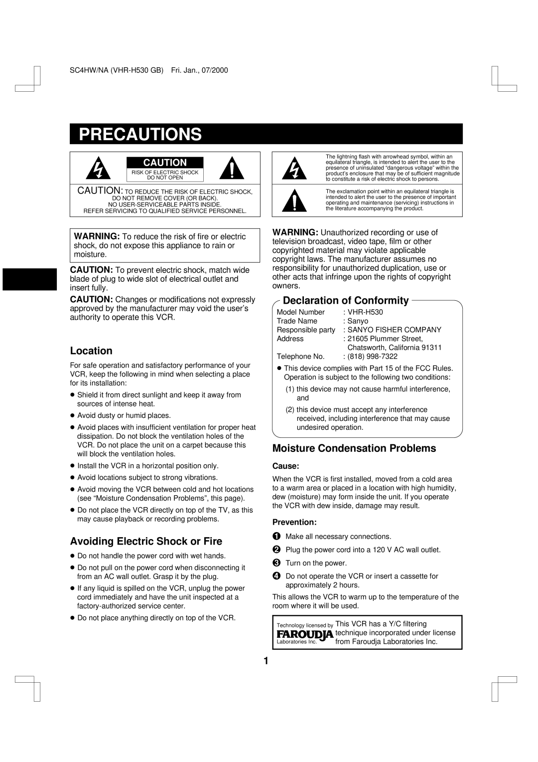 Sanyo VHR-H530 instruction manual Precautions, Location, Avoiding Electric Shock or Fire, Declaration of Conformity 