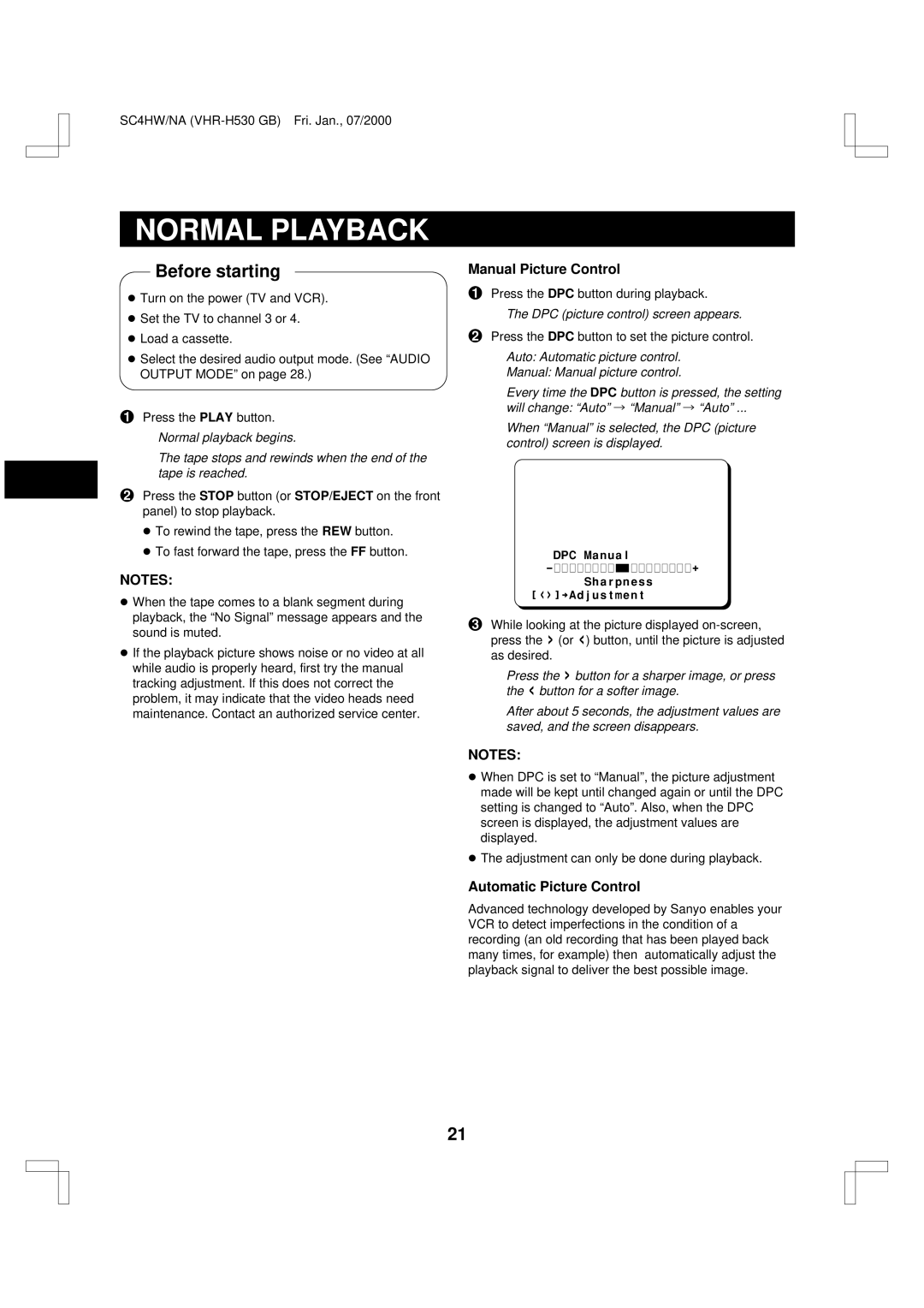 Sanyo VHR-H530 Normal Playback, Manual Picture Control, Automatic Picture Control, DPC picture control screen appears 