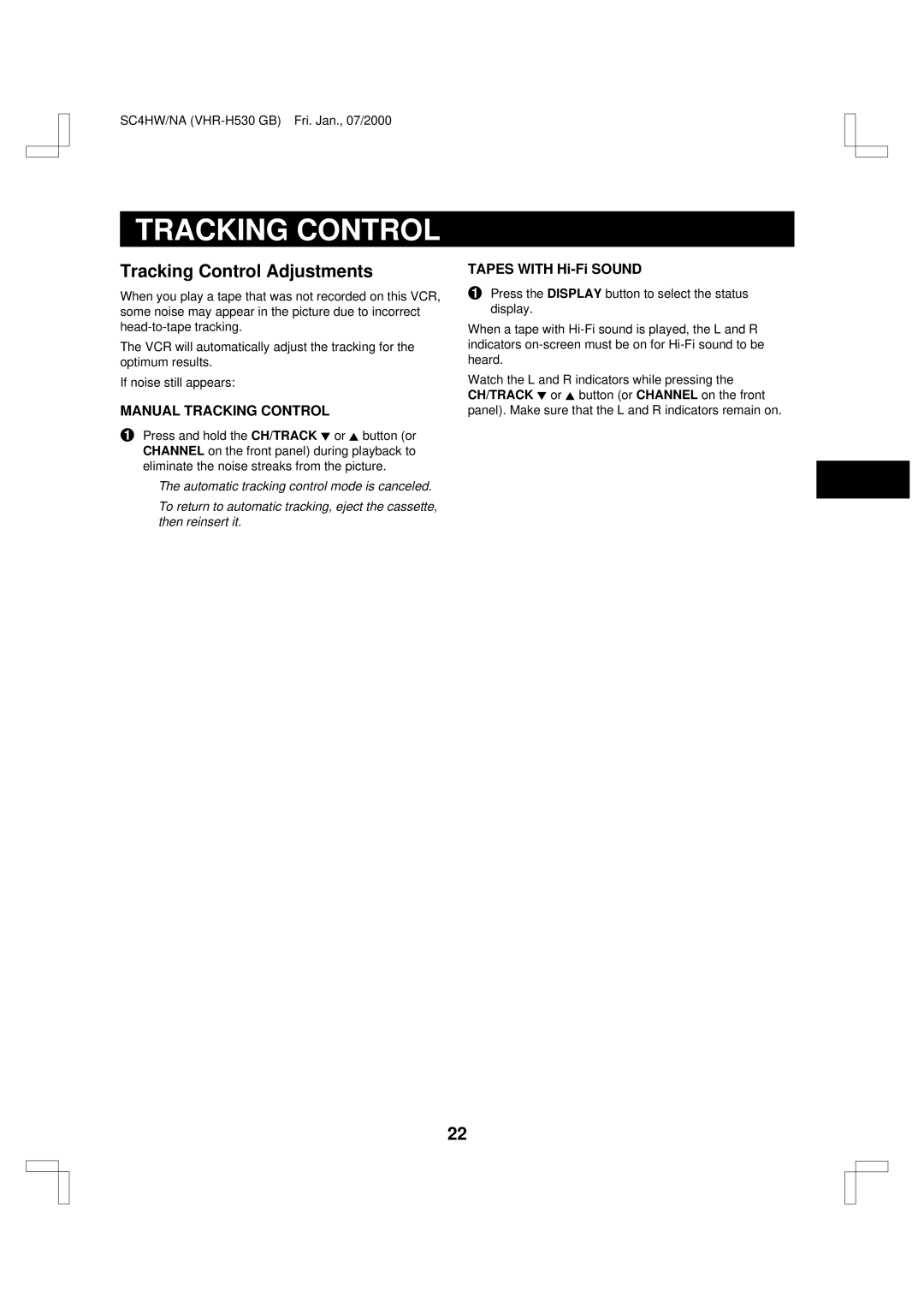 Sanyo VHR-H530 instruction manual Tracking Control Adjustments, Manual Tracking Control, Tapes with Hi-Fi Sound 