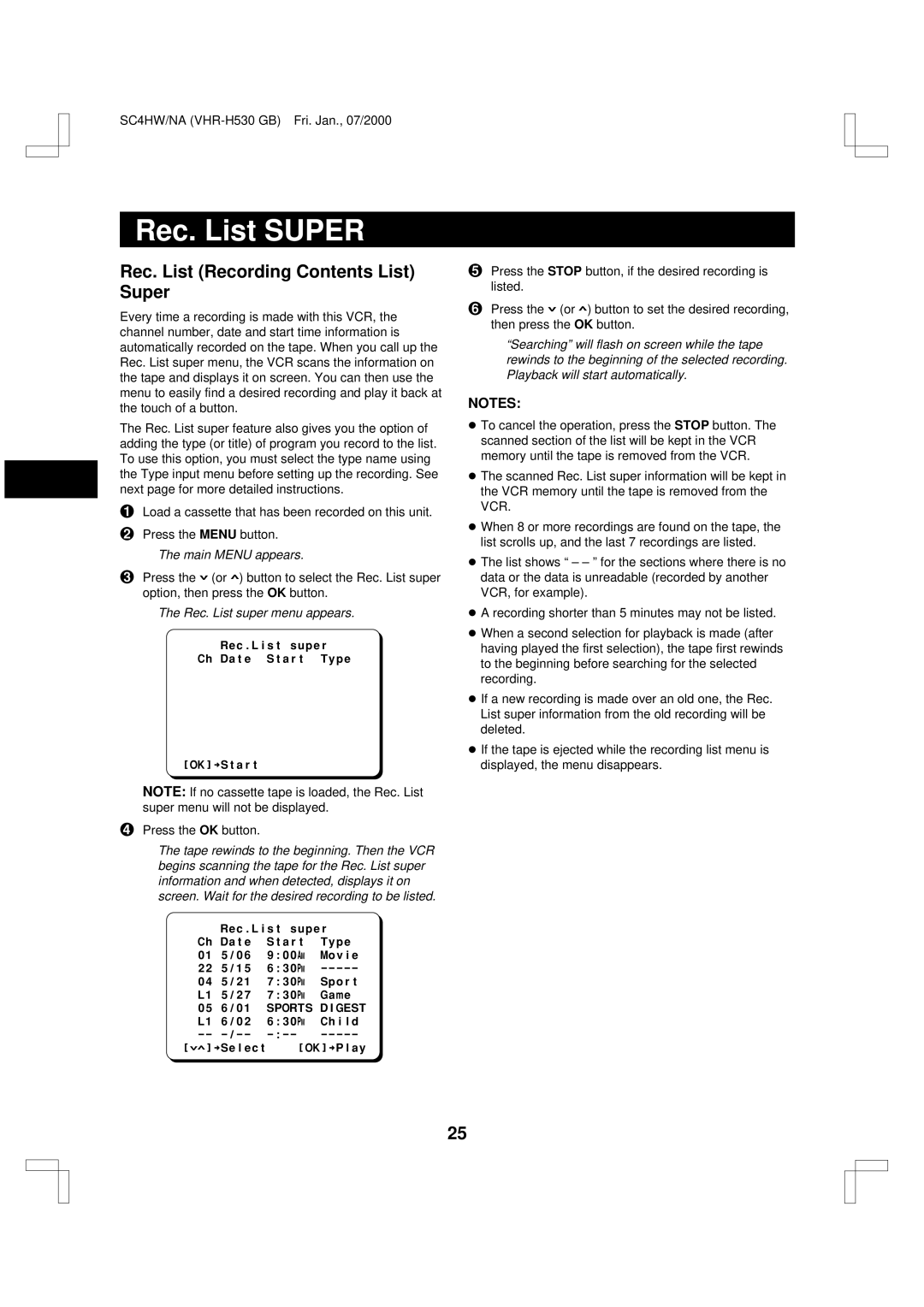 Sanyo VHR-H530 instruction manual Rec. List Super, Rec. List Recording Contents List Super 