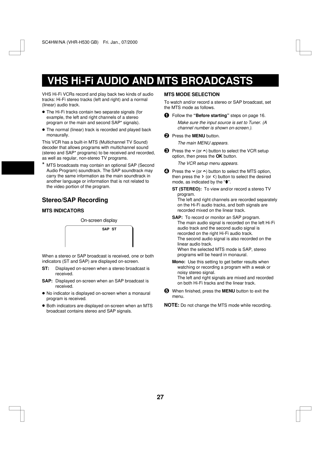 Sanyo VHR-H530 instruction manual Stereo/SAP Recording, MTS Indicators, MTS Mode Selection 