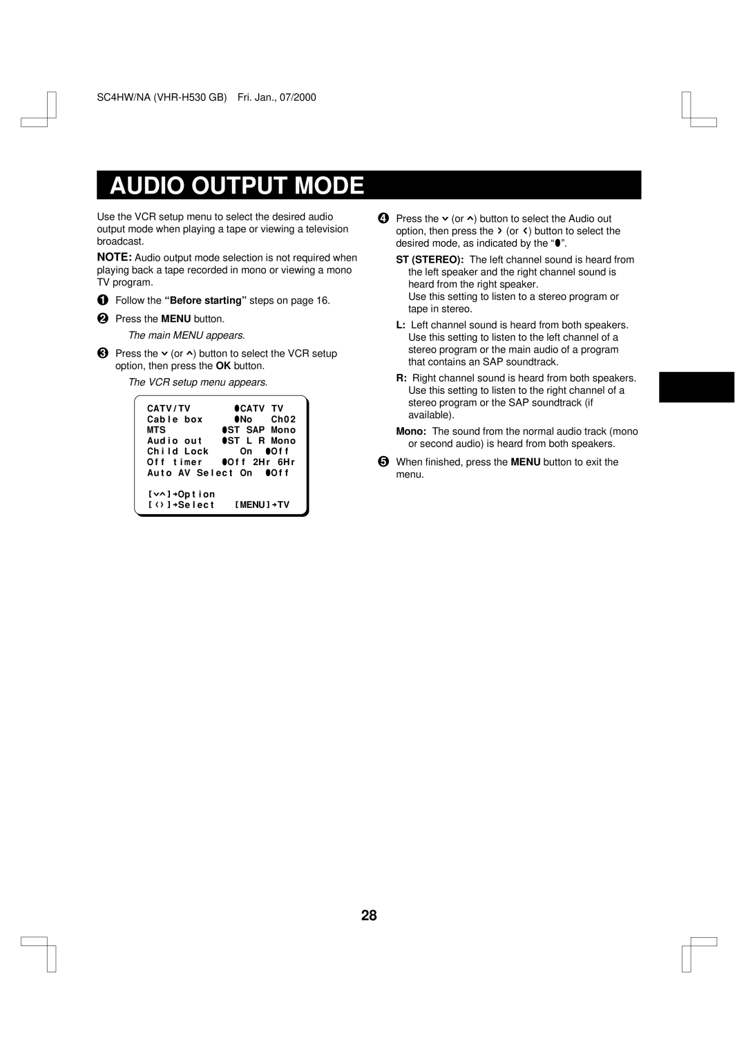 Sanyo VHR-H530 instruction manual Audio Output Mode 