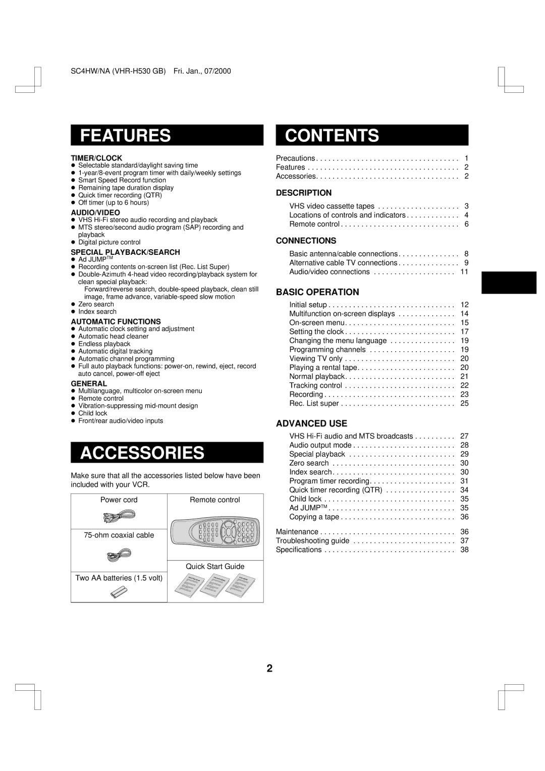 Sanyo VHR-H530 instruction manual Features, Accessories, Contents 