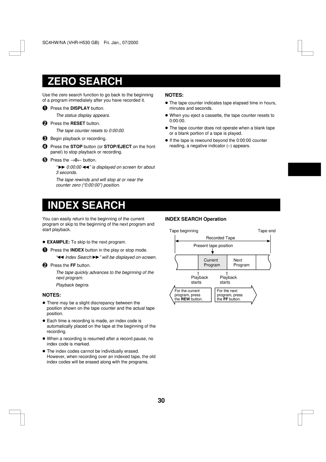 Sanyo VHR-H530 instruction manual Zero Search, Index Search Operation, Index Search e will be displayed on-screen 