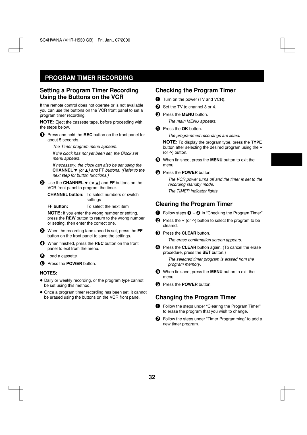 Sanyo VHR-H530 Program Timer Recording, Checking the Program Timer, Clearing the Program Timer, Changing the Program Timer 