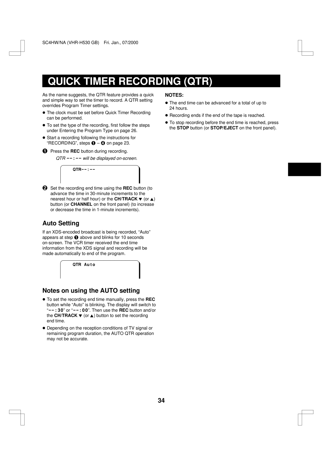 Sanyo VHR-H530 instruction manual Quick Timer Recording QTR, Auto Setting 