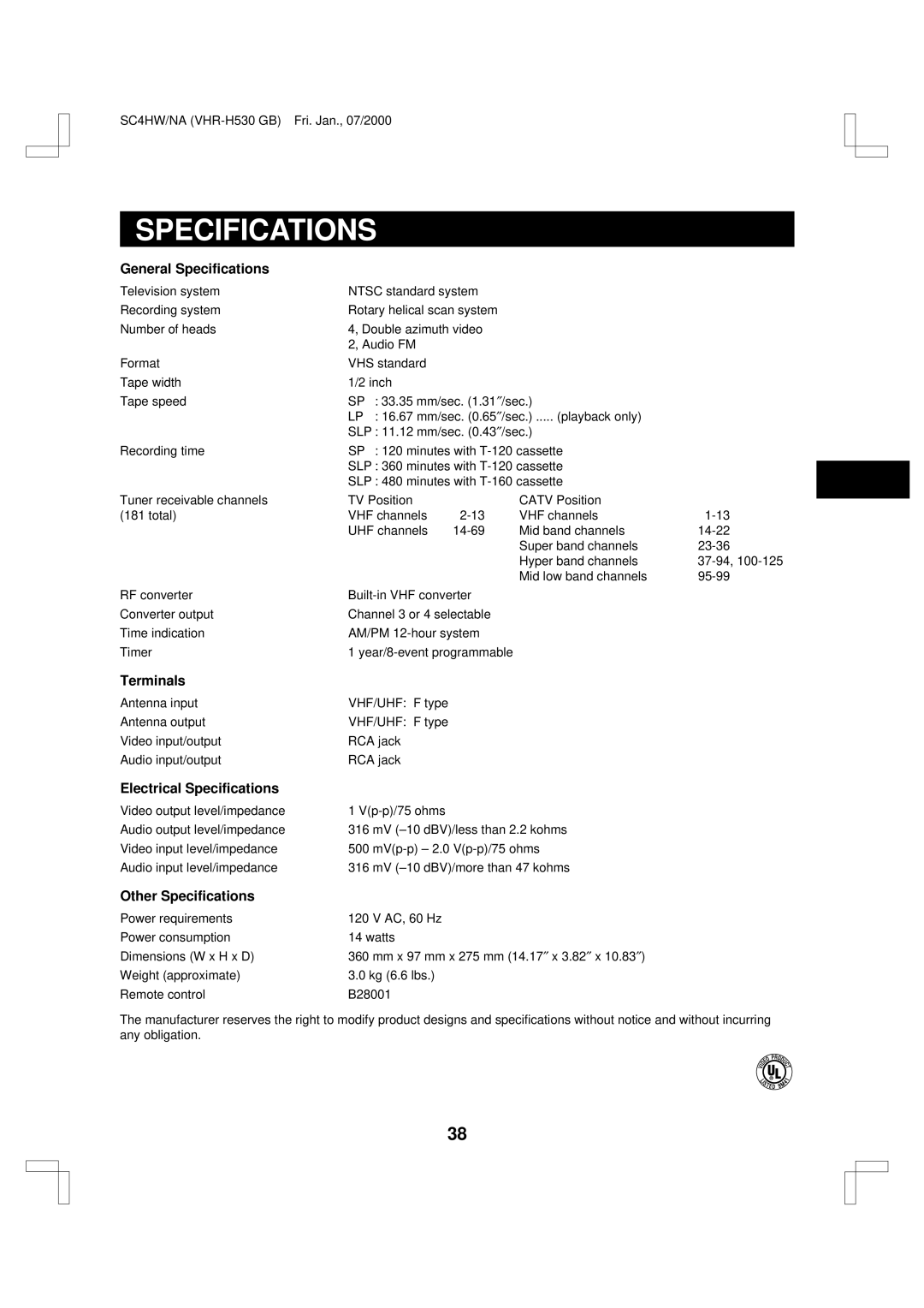 Sanyo VHR-H530 instruction manual General Specifications, Terminals, Electrical Specifications, Other Specifications 