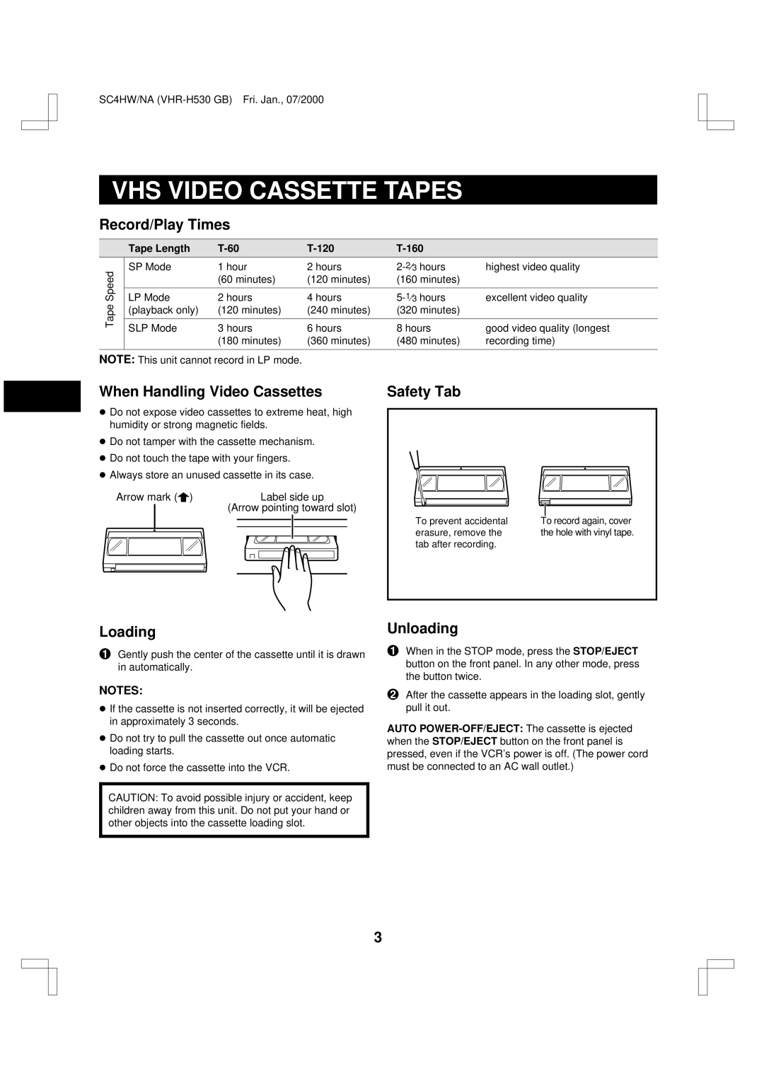 Sanyo VHR-H530 instruction manual VHS Video Cassette Tapes 