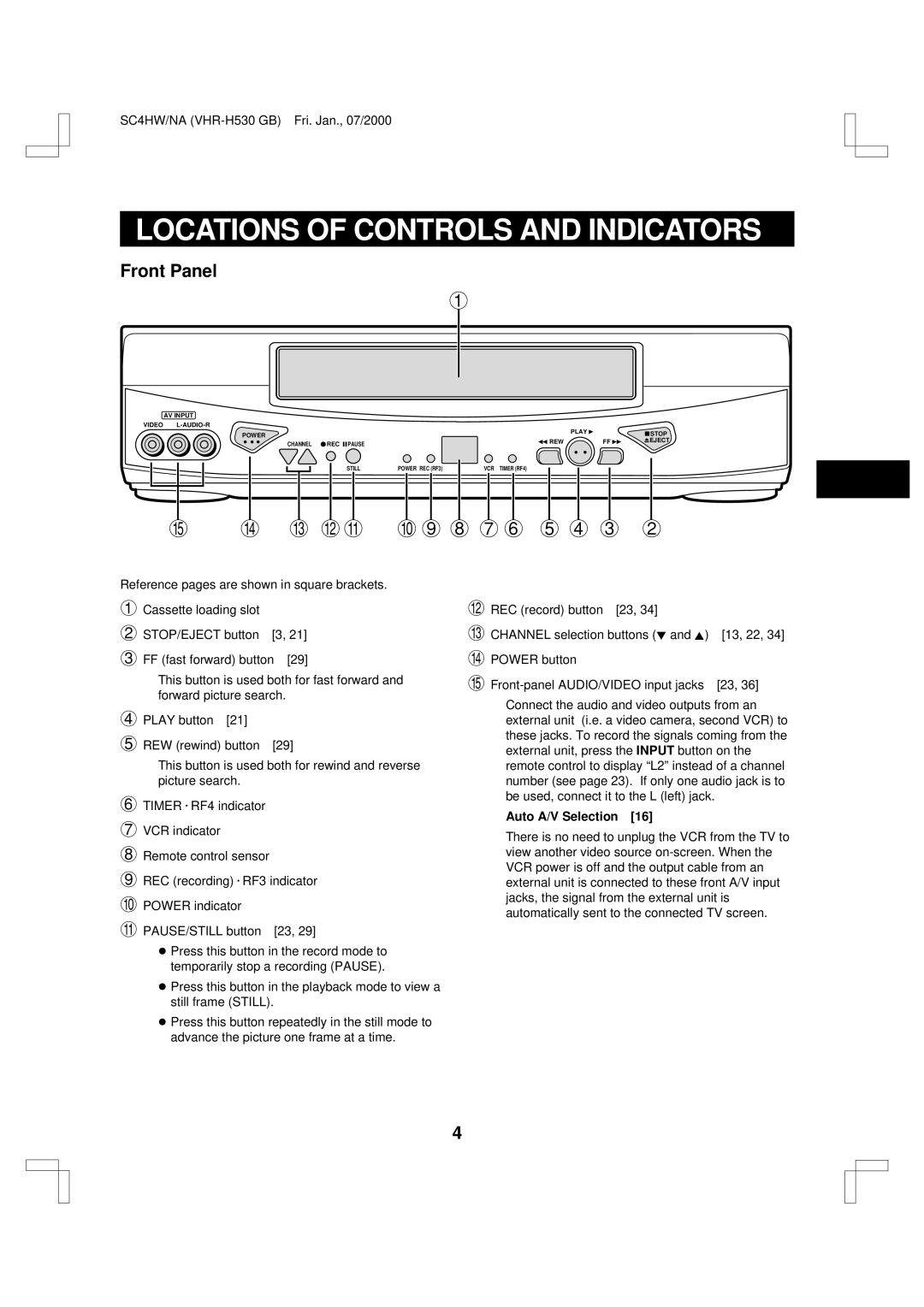 Sanyo VHR-H530 instruction manual Locations of Controls and Indicators, Front Panel, Auto A/V Selection 