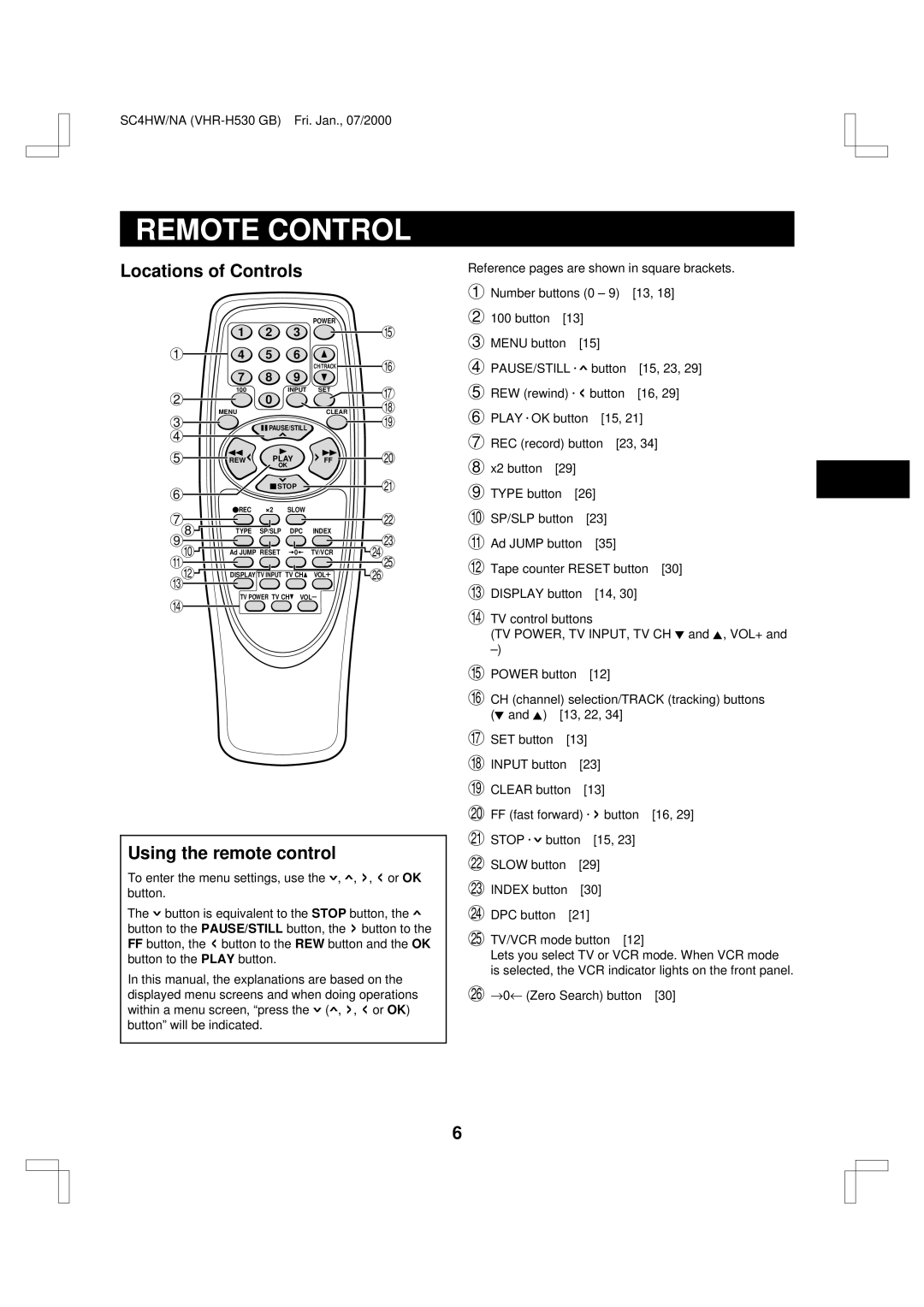 Sanyo VHR-H530 instruction manual Remote Control, Locations of Controls, Using the remote control 