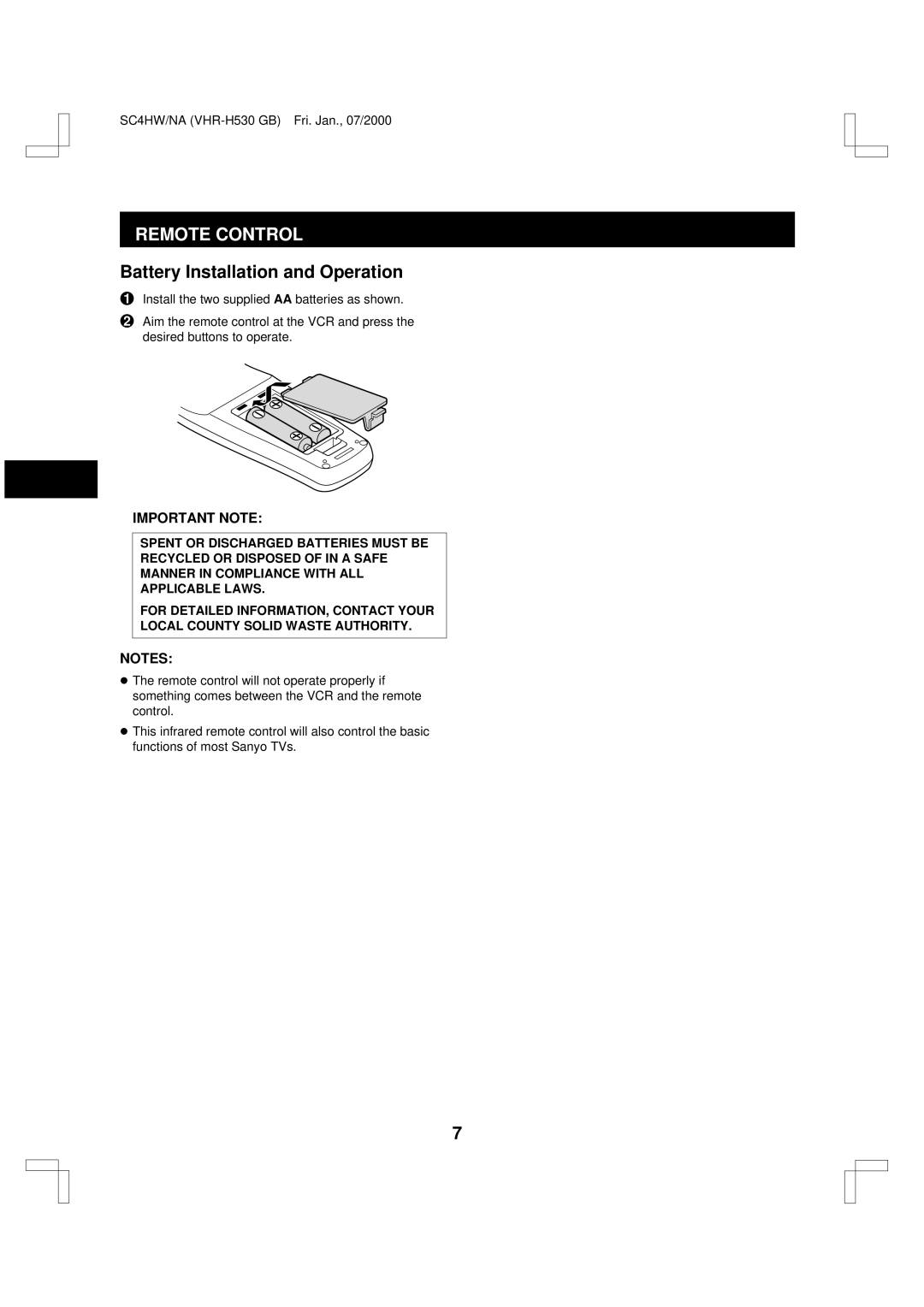 Sanyo VHR-H530 instruction manual Remote Control, Battery Installation and Operation, Important Note 