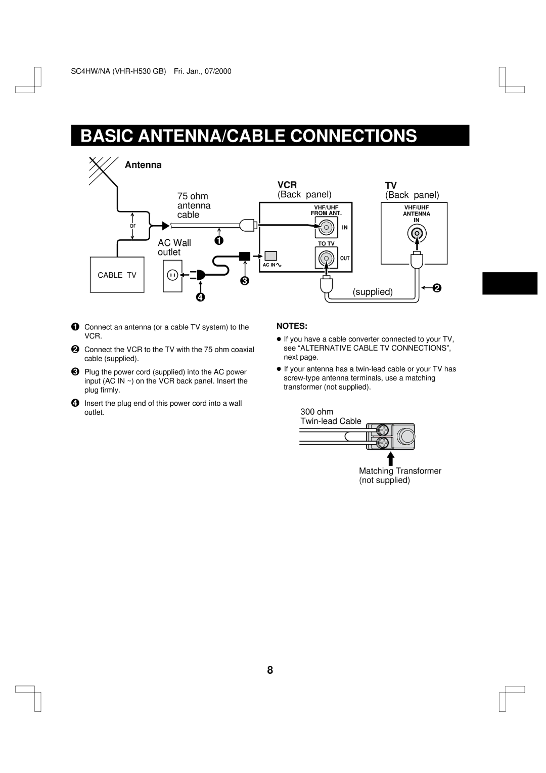 Sanyo VHR-H530 instruction manual Basic ANTENNA/CABLE Connections, Vcr 