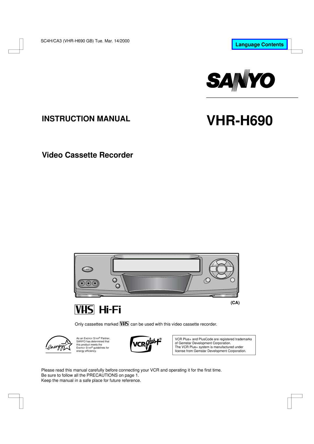 Sanyo VHR-H690 instruction manual 