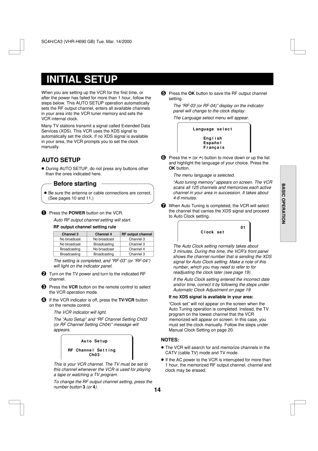 Sanyo VHR-H690 Initial Setup, Before starting, Auto RF output channel setting will start, RF output channel setting rule 