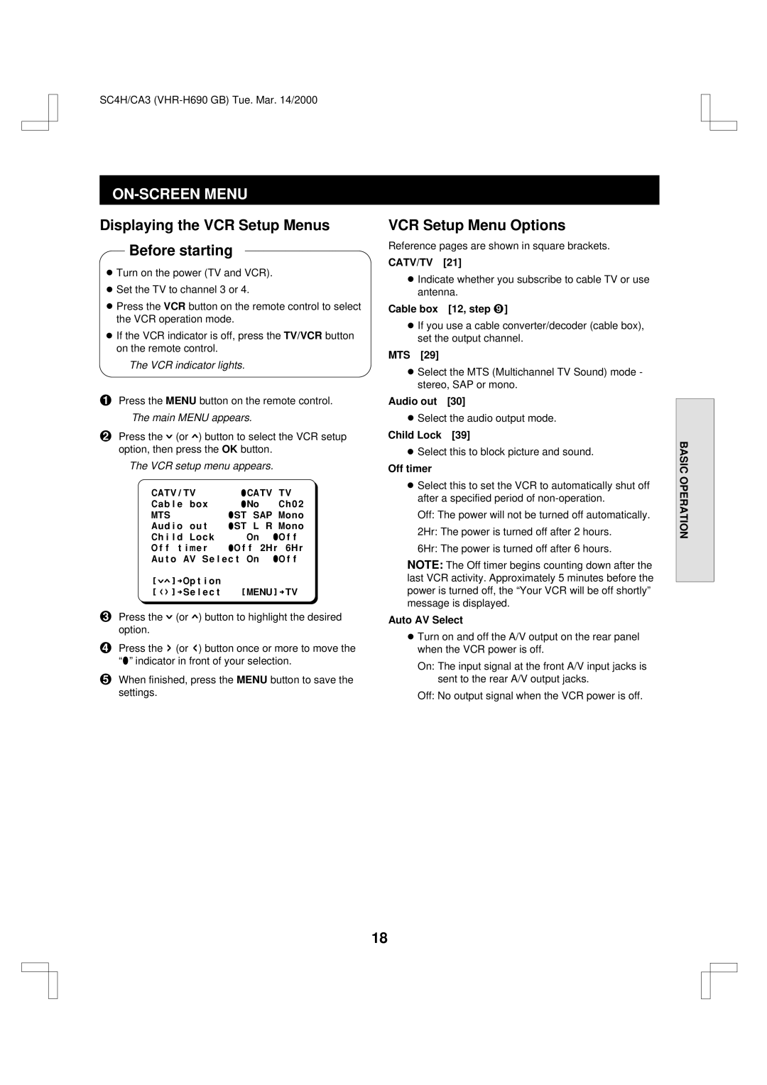 Sanyo VHR-H690 instruction manual ON-SCREEN Menu, Displaying the VCR Setup Menus Before starting, VCR Setup Menu Options 