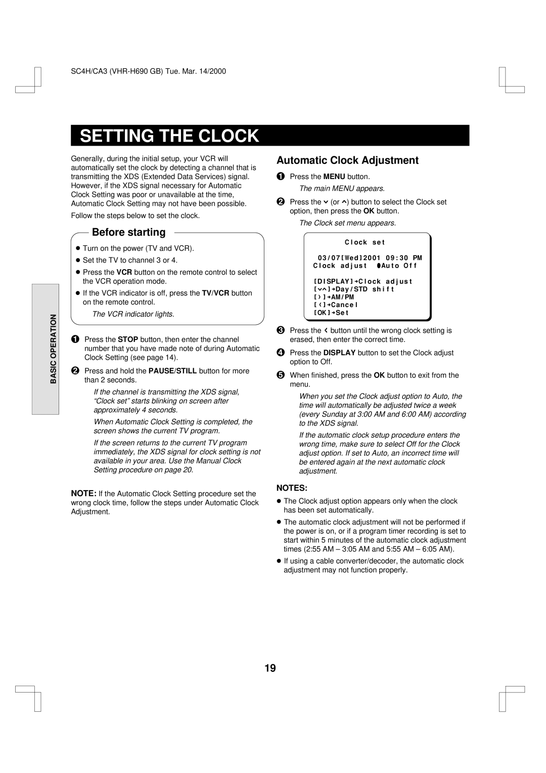 Sanyo VHR-H690 instruction manual Setting the Clock, Automatic Clock Adjustment, Clock set menu appears 