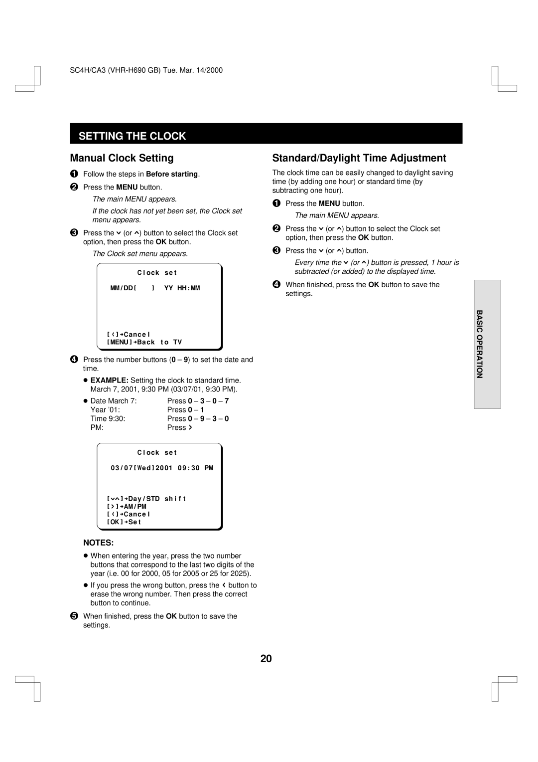 Sanyo VHR-H690 instruction manual Setting the Clock, Manual Clock Setting, Standard/Daylight Time Adjustment 