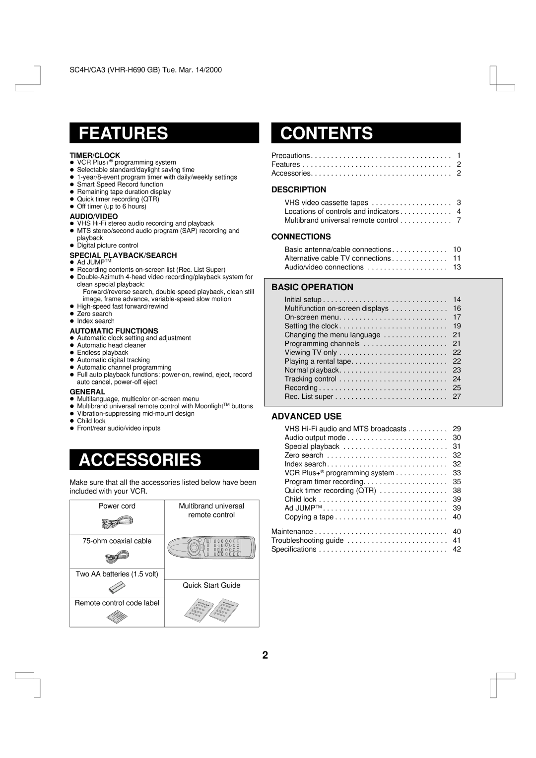 Sanyo VHR-H690 instruction manual Featurescontents, Accessories 