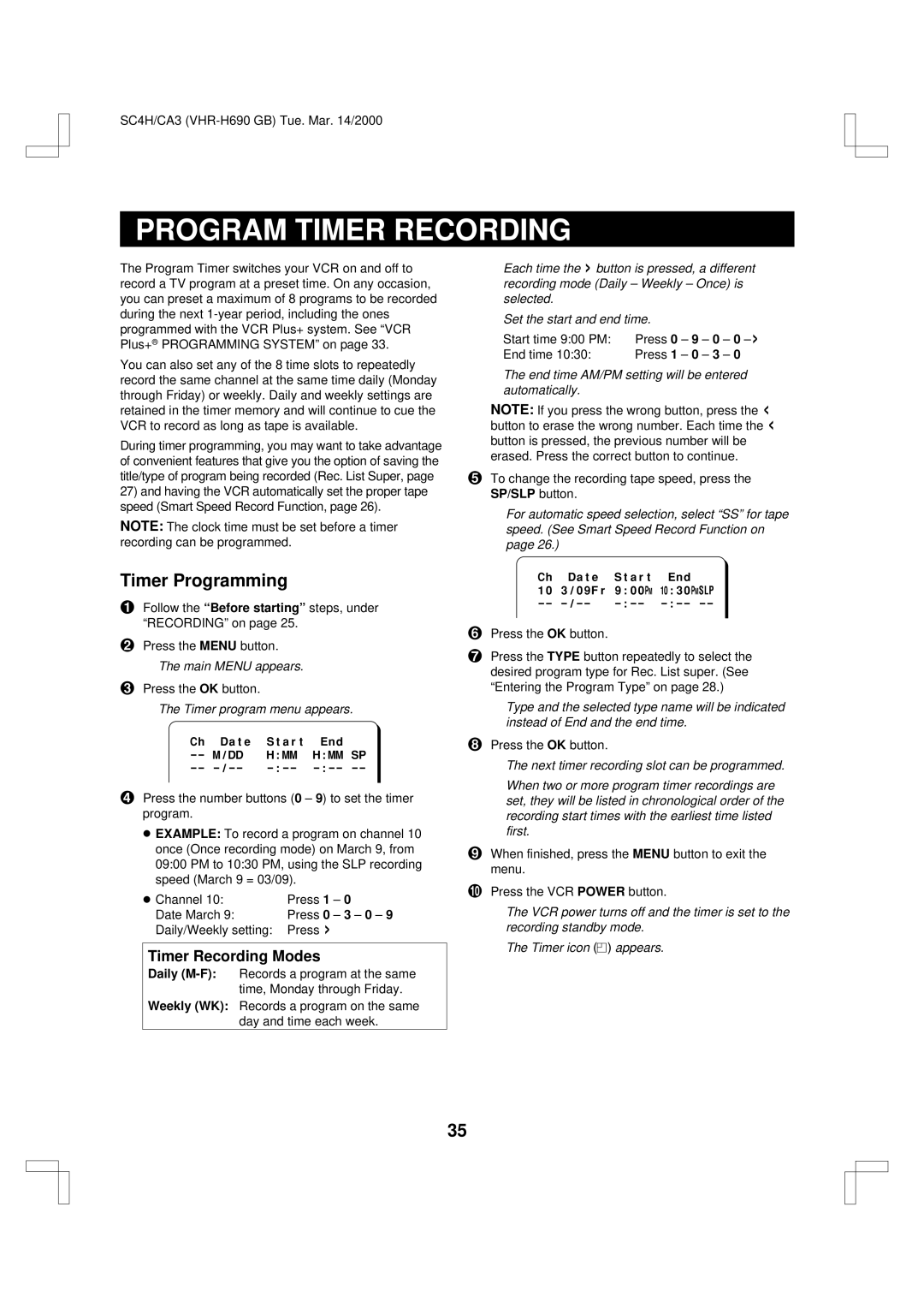 Sanyo VHR-H690 instruction manual Program Timer Recording, Timer Programming, Timer program menu appears 