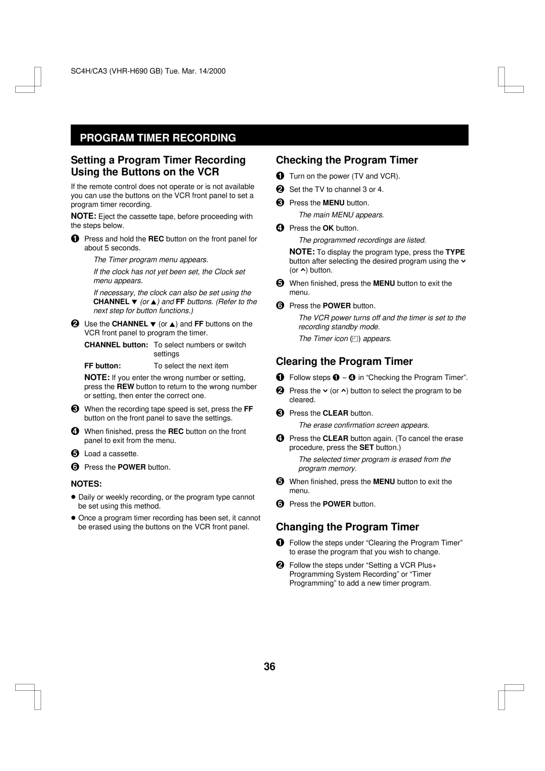 Sanyo VHR-H690 Program Timer Recording, Checking the Program Timer, Clearing the Program Timer, Changing the Program Timer 