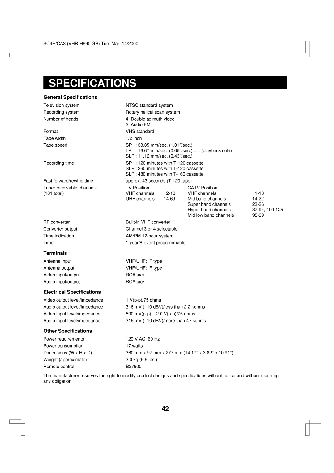 Sanyo VHR-H690 instruction manual General Specifications, Terminals, Electrical Specifications, Other Specifications 