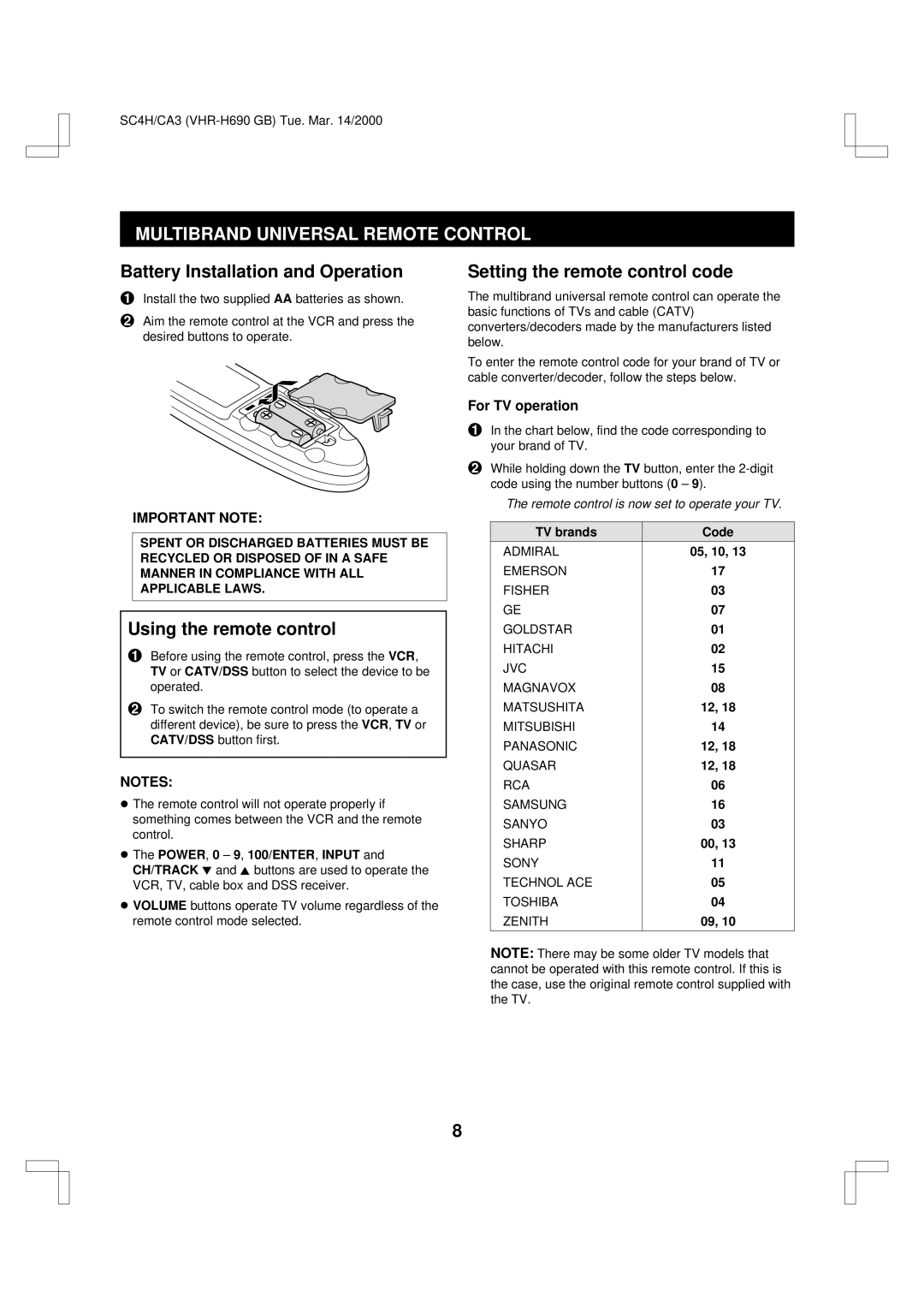 Sanyo VHR-H690 Multibrand Universal Remote Control, Battery Installation and Operation, Setting the remote control code 