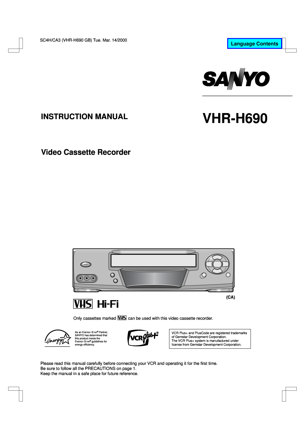 Sanyo VHR-H690 instruction manual Language Contents, Instruction Manual, Video Cassette Recorder 