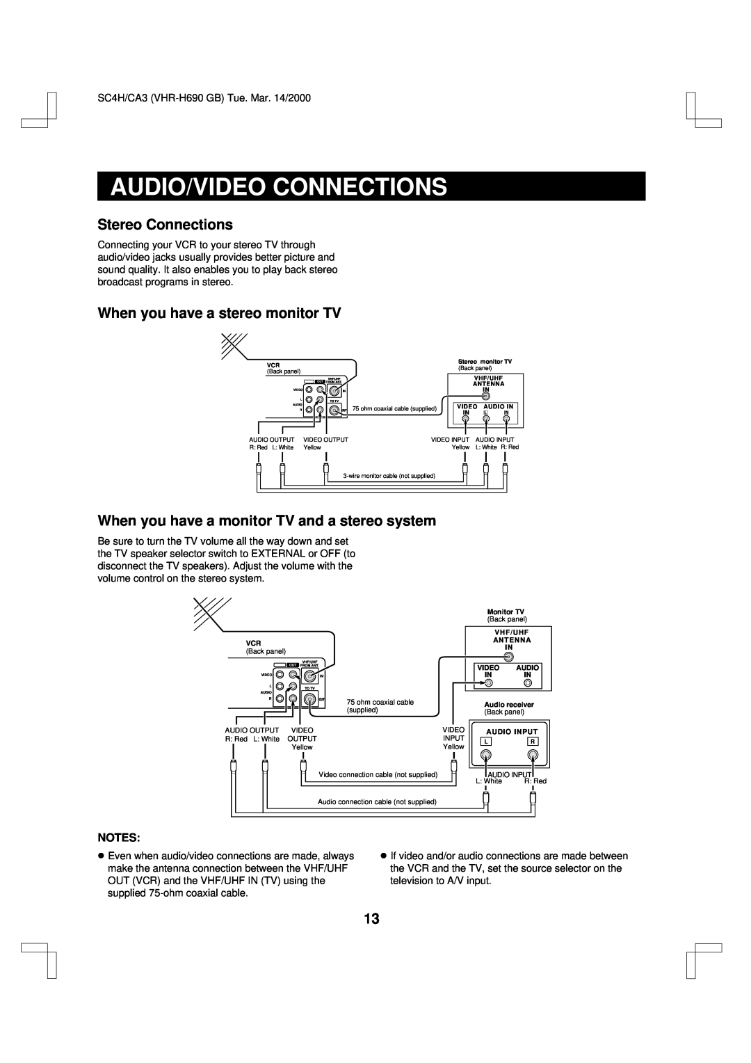 Sanyo VHR-H690 instruction manual Audio/Video Connections, Stereo Connections, When you have a stereo monitor TV 
