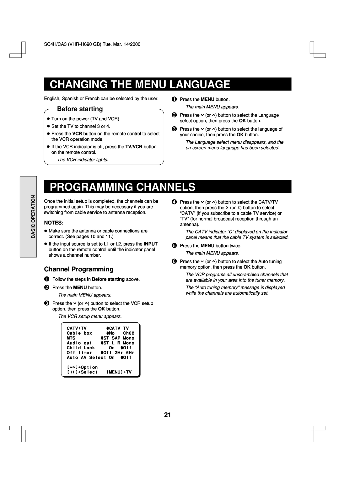 Sanyo VHR-H690 Changing The Menu Language, Programming Channels, Channel Programming, Before starting, Basic Operation 
