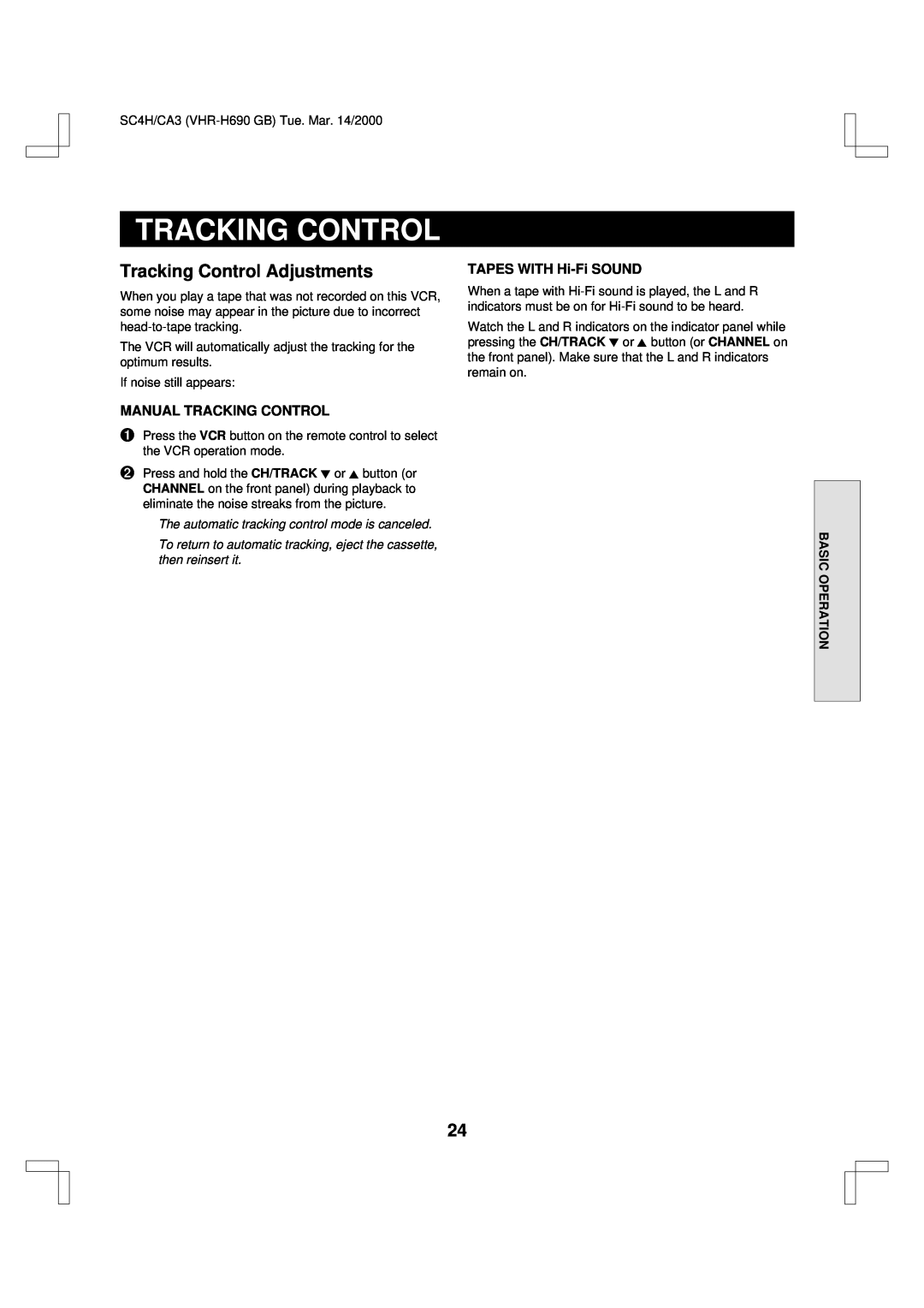 Sanyo VHR-H690 Tracking Control Adjustments, Manual Tracking Control, TAPES WITH Hi-Fi SOUND, Basic Operation 