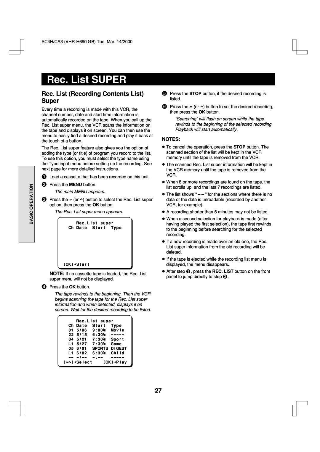 Sanyo VHR-H690 Rec. List SUPER, Rec. List Recording Contents List Super, Basic Operation, The Rec. List super menu appears 
