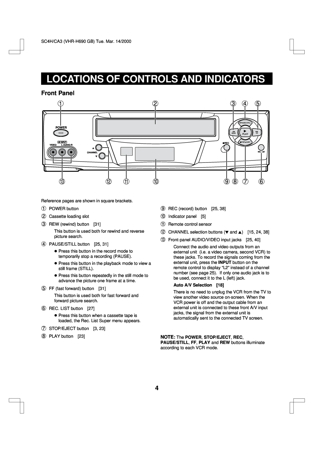Sanyo VHR-H690 instruction manual Locations Of Controls And Indicators, Front Panel, 9 8 7, Auto A/V Selection 