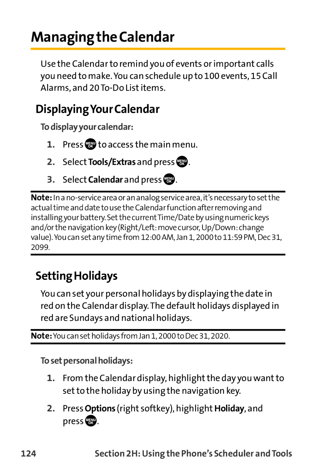 Sanyo VL-2300 warranty Managing the Calendar, DisplayingYour Calendar, Setting Holidays 