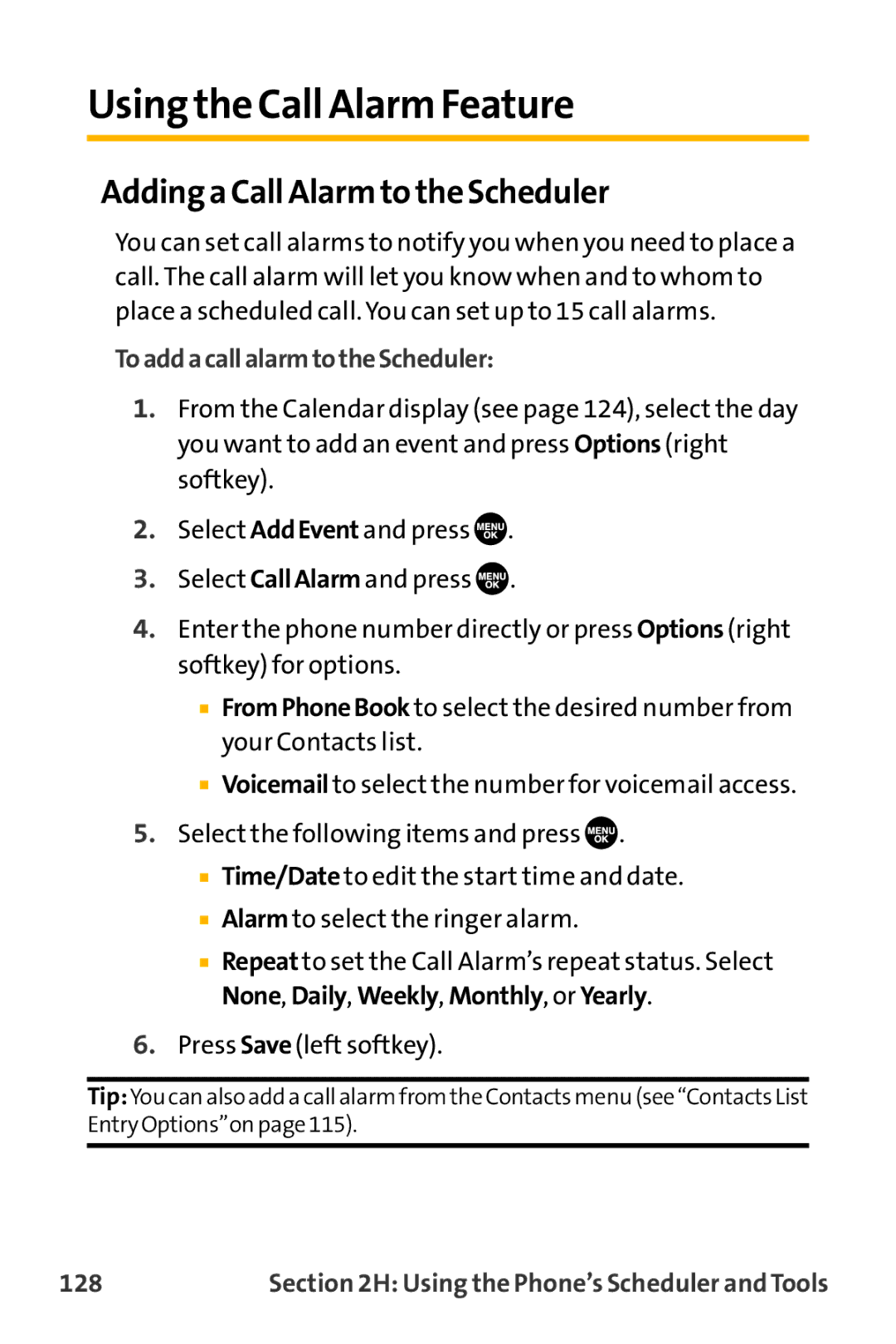 Sanyo VL-2300 Using the Call AlarmFeature, Adding a Call Alarm to the Scheduler, ToaddacallalarmtotheScheduler, 128 